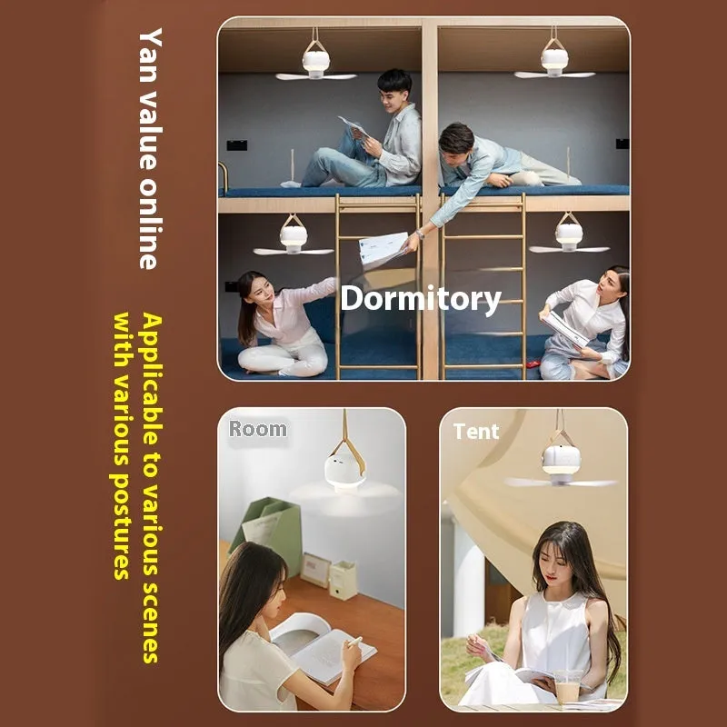 Small rechargeable ceiling fan with remote control for camping tents showing Type-C charging port and mounting strap