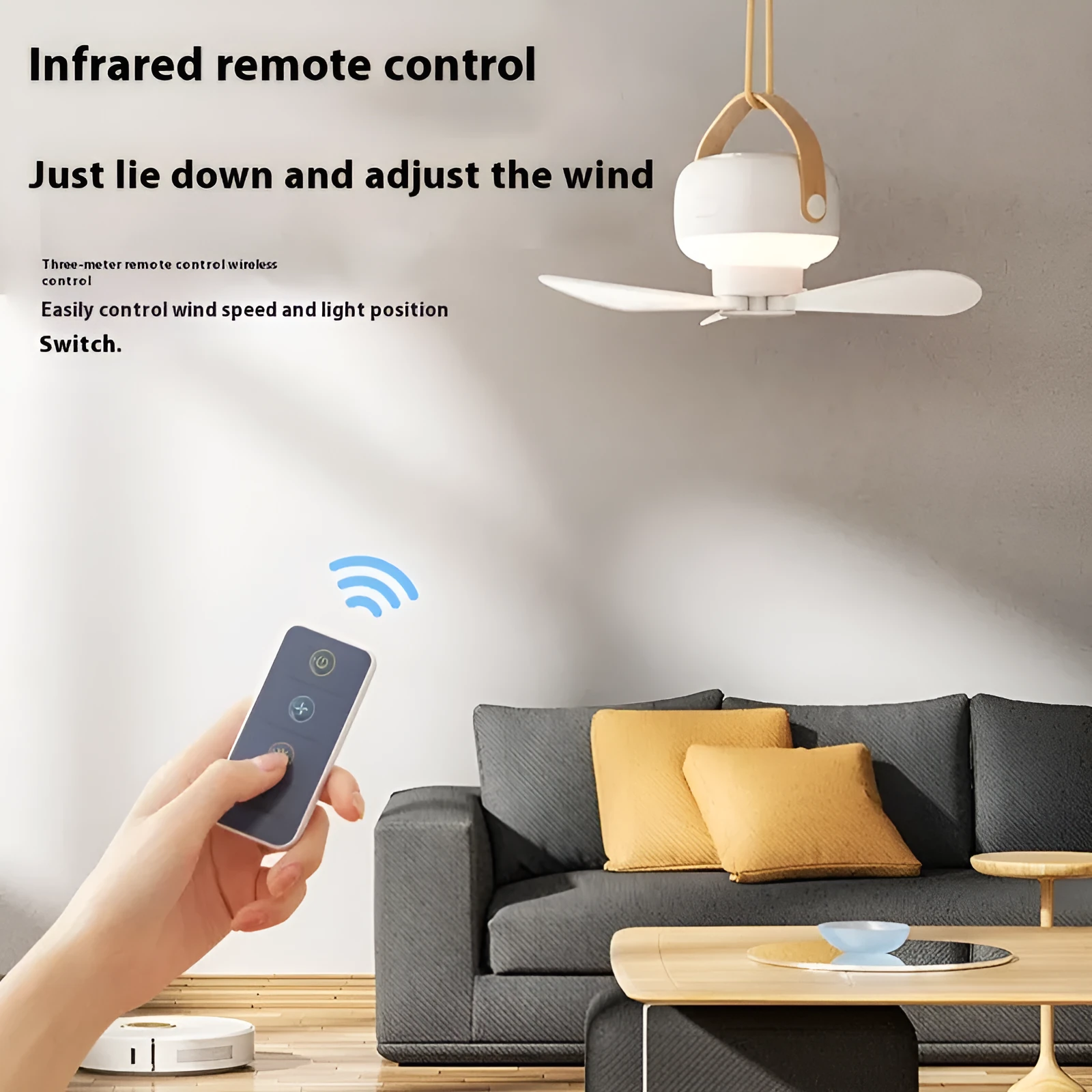 Small rechargeable ceiling fan with remote control for camping tents showing Type-C charging port and mounting strap