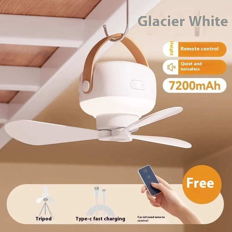 Small rechargeable ceiling fan with remote control for camping tents showing Type-C charging port and mounting strap