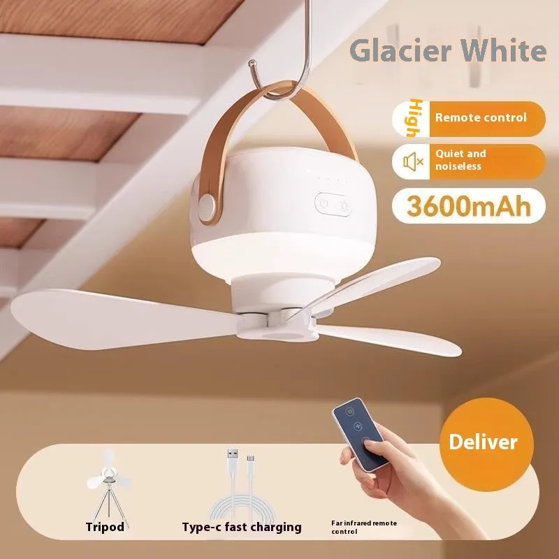 Small rechargeable ceiling fan with remote control for camping tents showing Type-C charging port and mounting strap