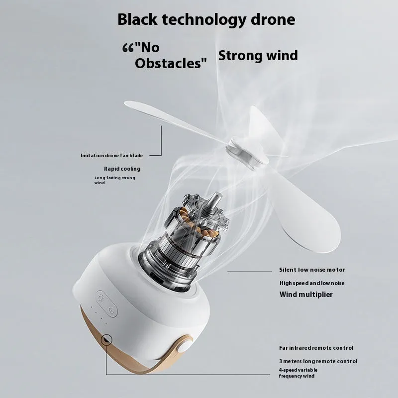 Small rechargeable ceiling fan with remote control for camping tents showing Type-C charging port and mounting strap