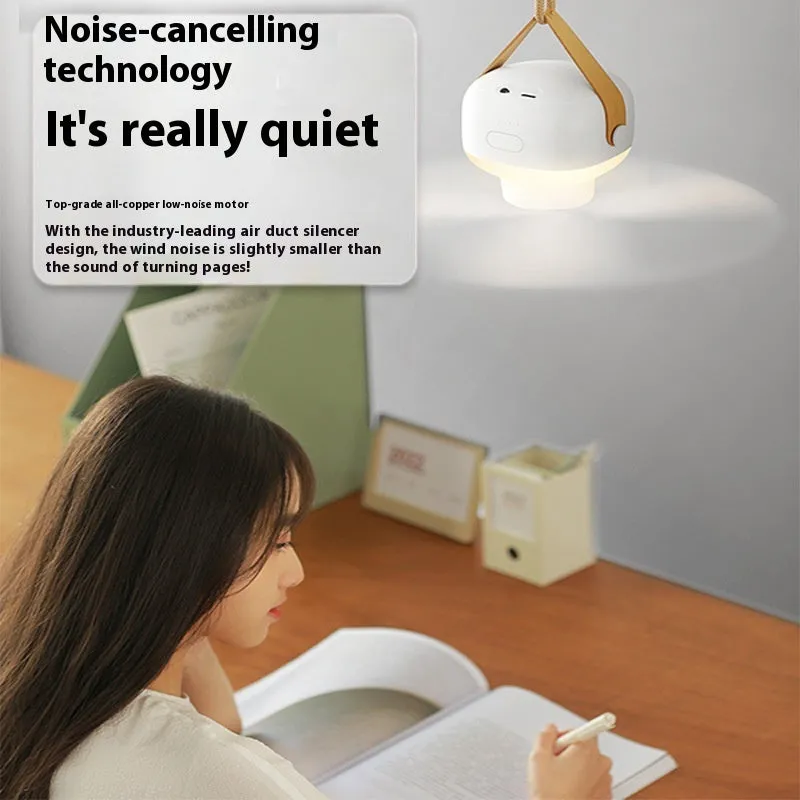 Small rechargeable ceiling fan with remote control for camping tents showing Type-C charging port and mounting strap