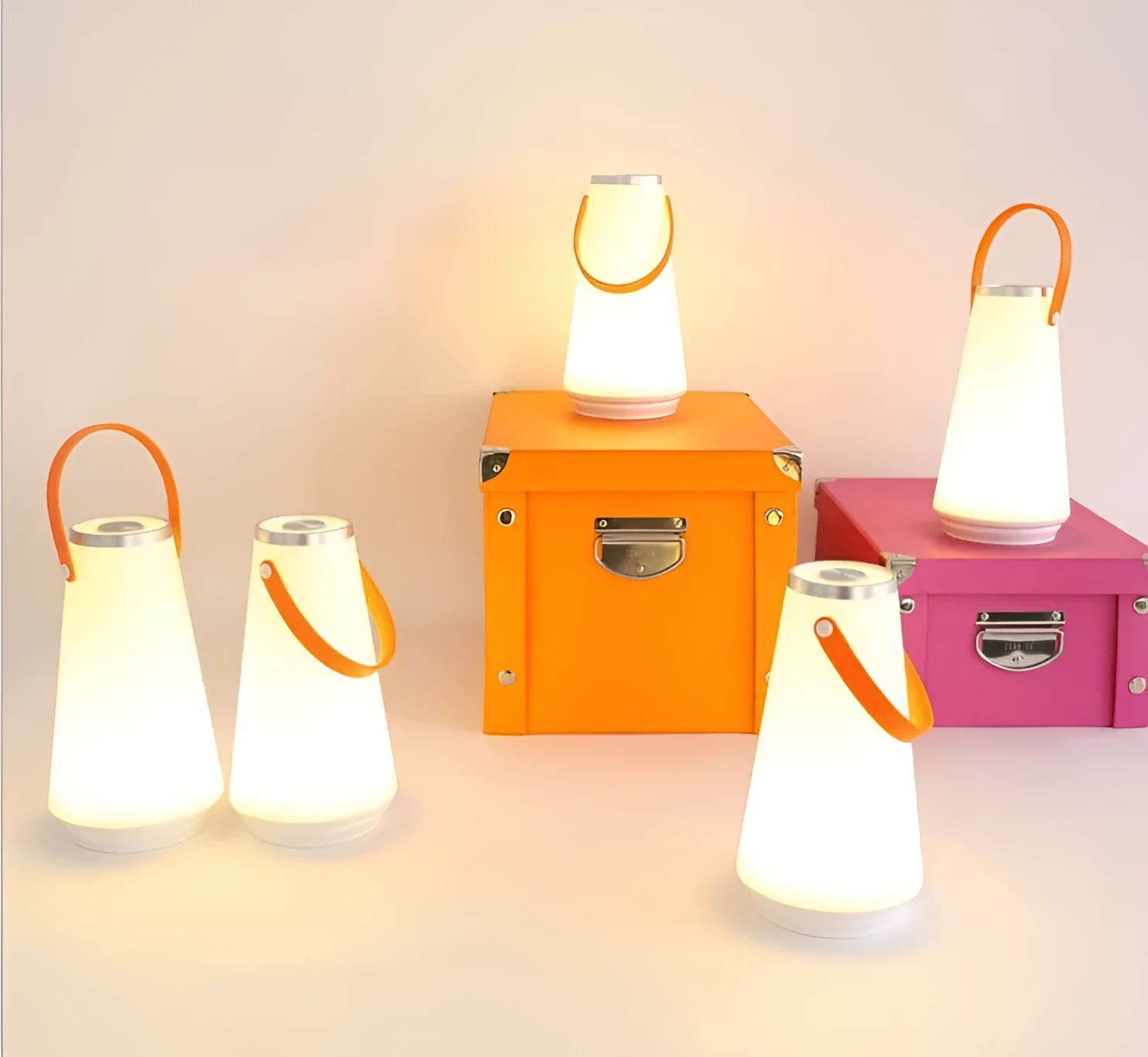 White rechargeable LED lantern night light on a wooden bedside table.
