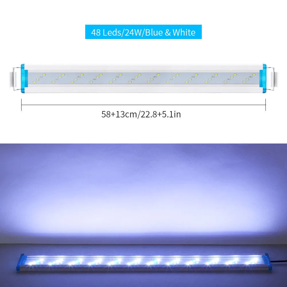 Ultra-thin PVC aquarium light in blue and white, shown next to a fish tank.