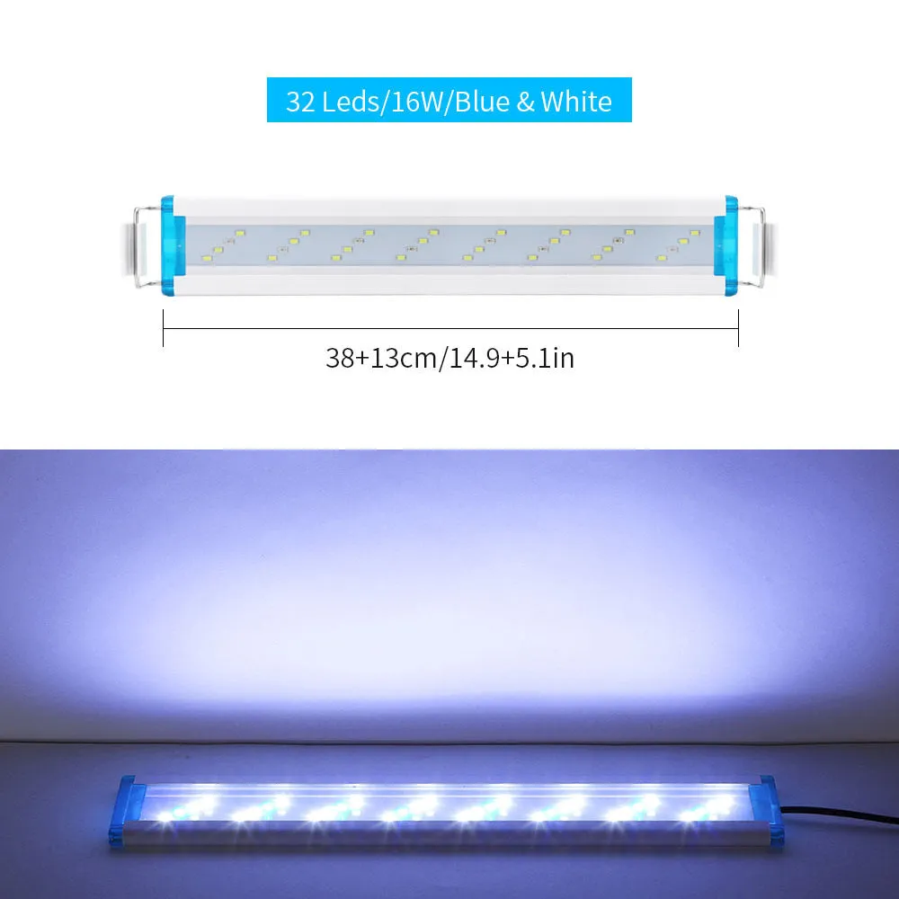 Ultra-thin PVC aquarium light in blue and white, shown next to a fish tank.
