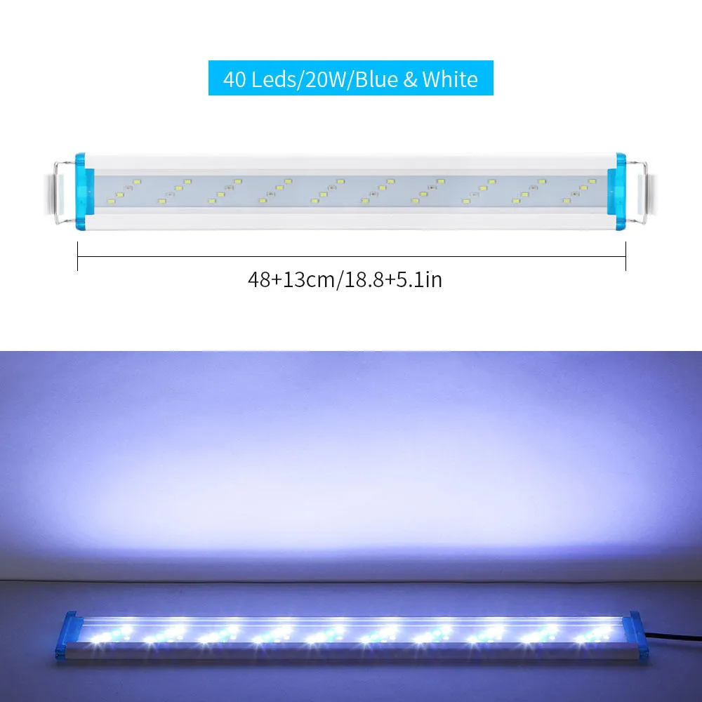 Ultra-thin PVC aquarium light in blue and white, shown next to a fish tank.