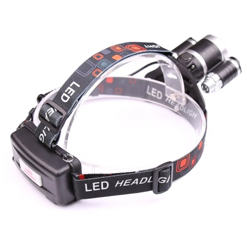 Gold LED head torch with adjustable headband, zoom lens, and sensor switch on the front housing.