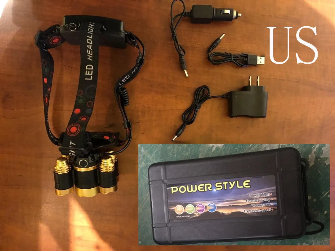 Gold LED head torch with adjustable headband, zoom lens, and sensor switch on the front housing.