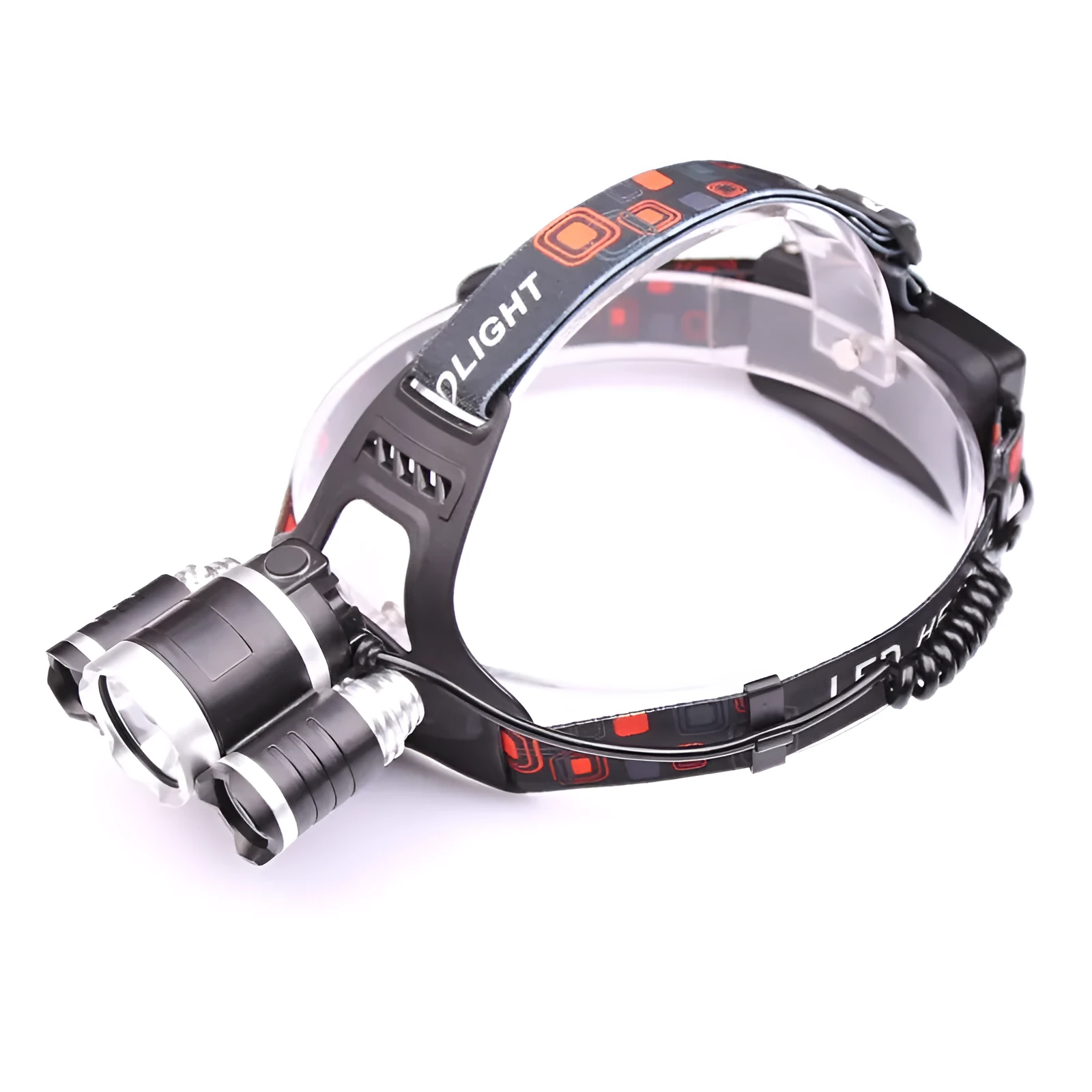 Gold LED head torch with adjustable headband, zoom lens, and sensor switch on the front housing.