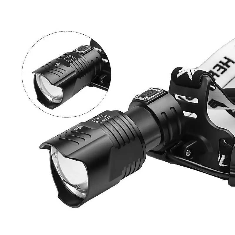 Black USB rechargeable zoom headlight with telescopic lens and aluminium alloy body
