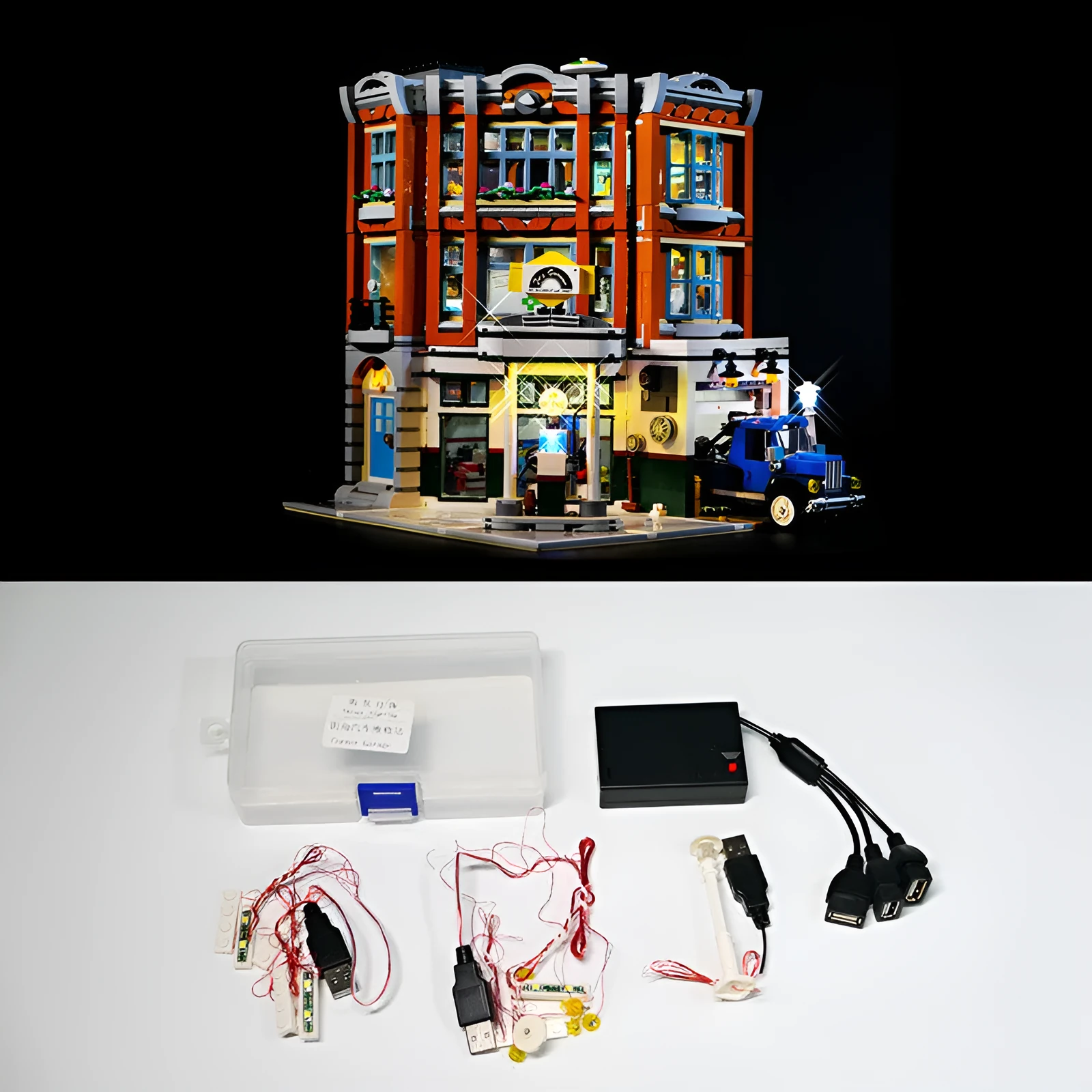 MOC modified LED lighting accessories set with corner repair shop theme for construction toys