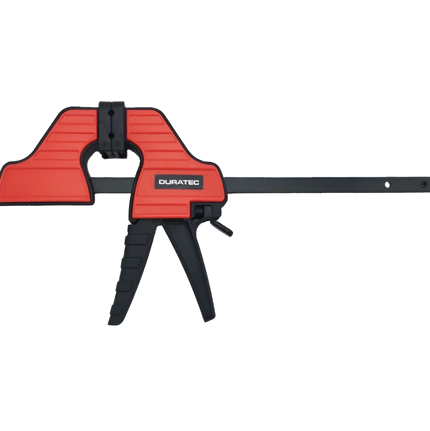 Black plastic woodworking toggle clamp with quick-release mechanism and soft rubber protective pads