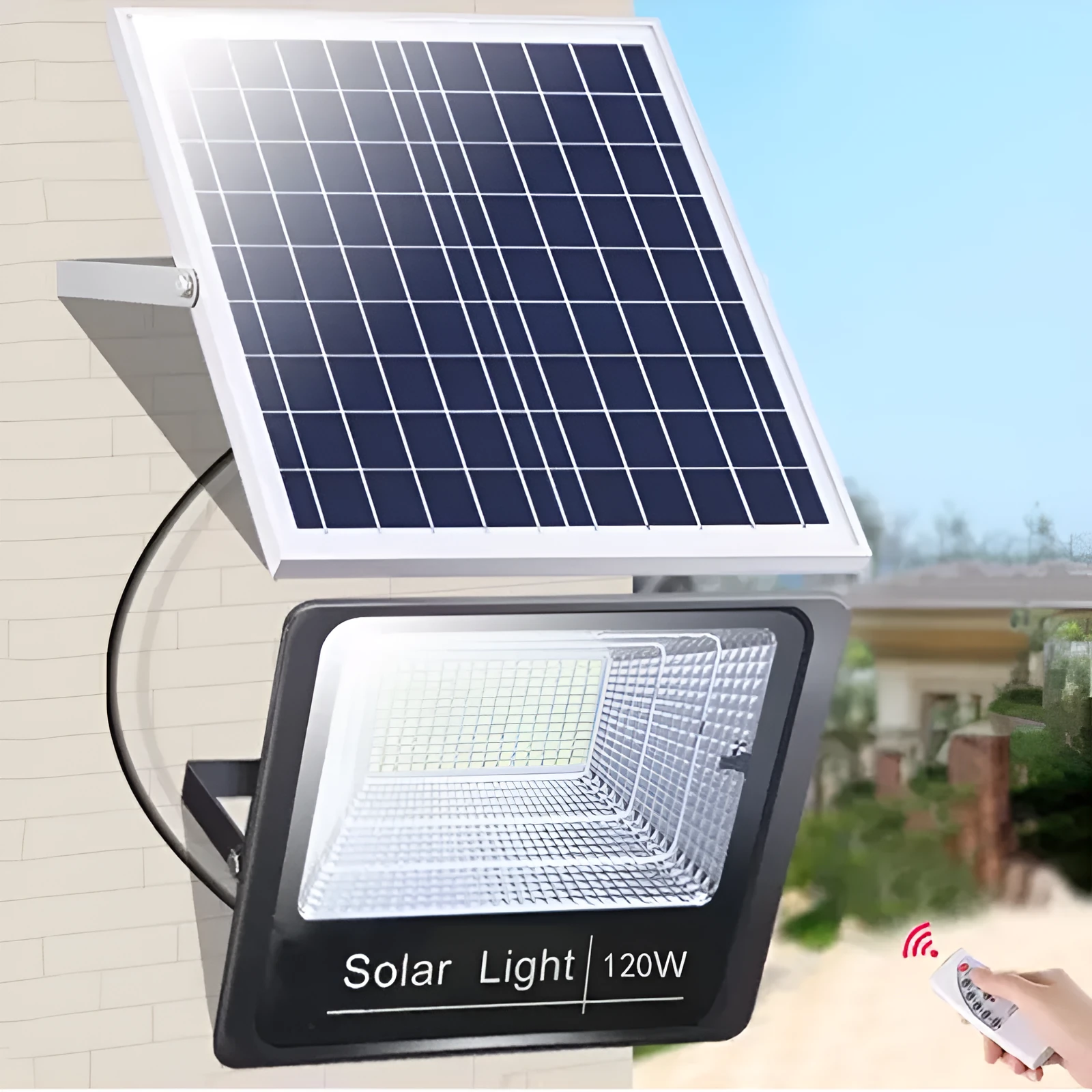 Black solar-powered LED flood light with solar panel on top, mounted on an outdoor wall.