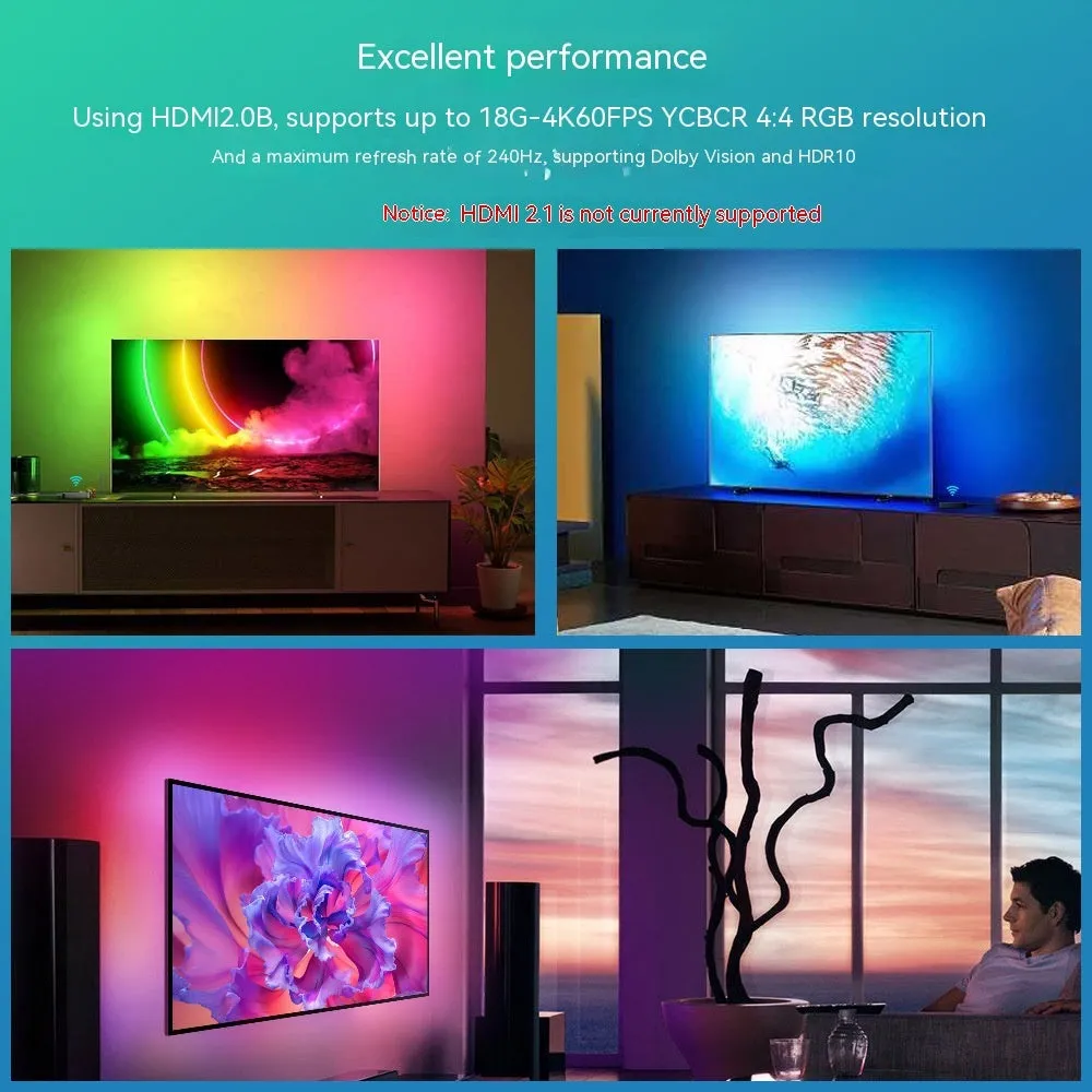 Smart waterproof LED light strip installed behind a flat-screen television for backlight ambience.