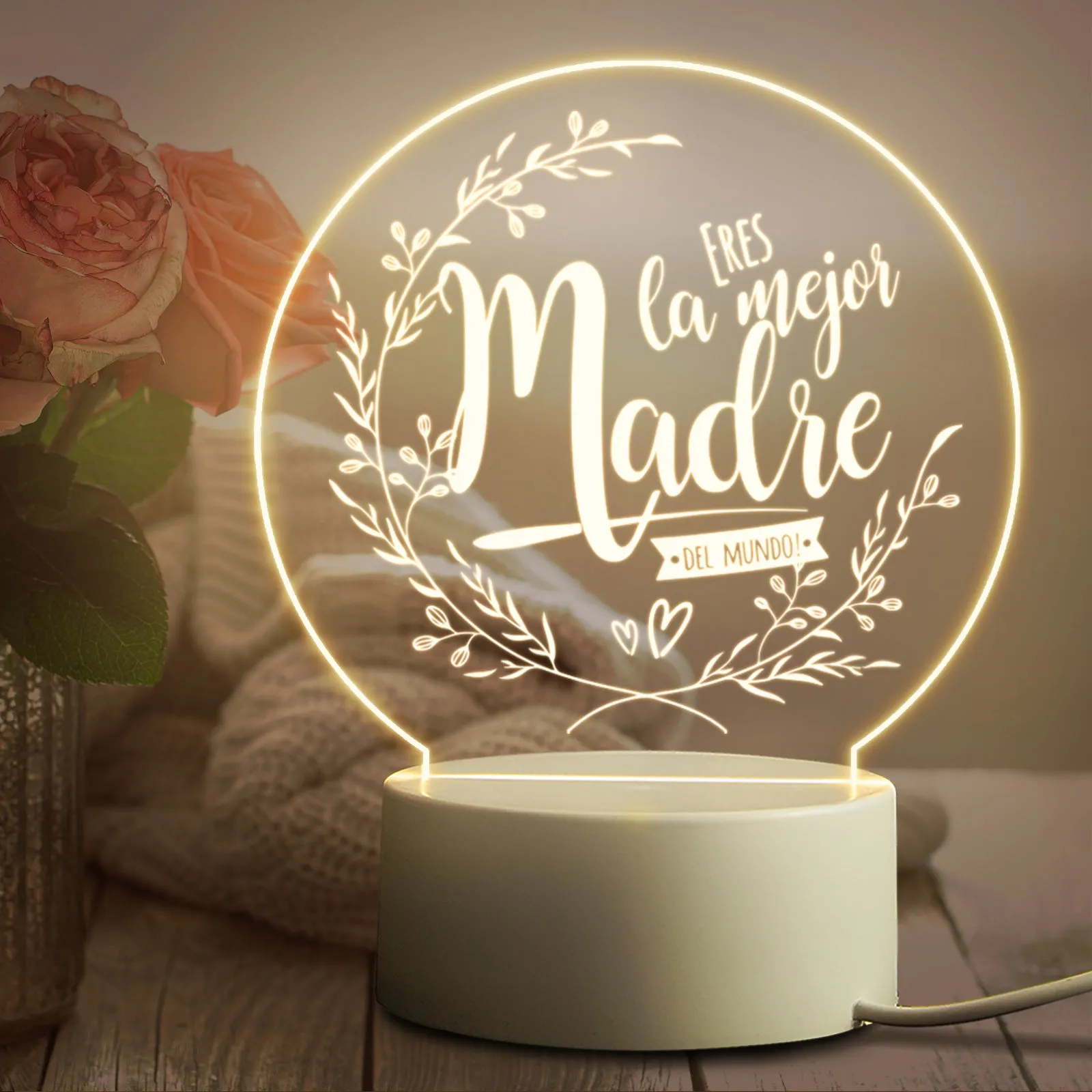 Modern acrylic LED night light with ABS base in one of 16 available colours, showing warm white glow
