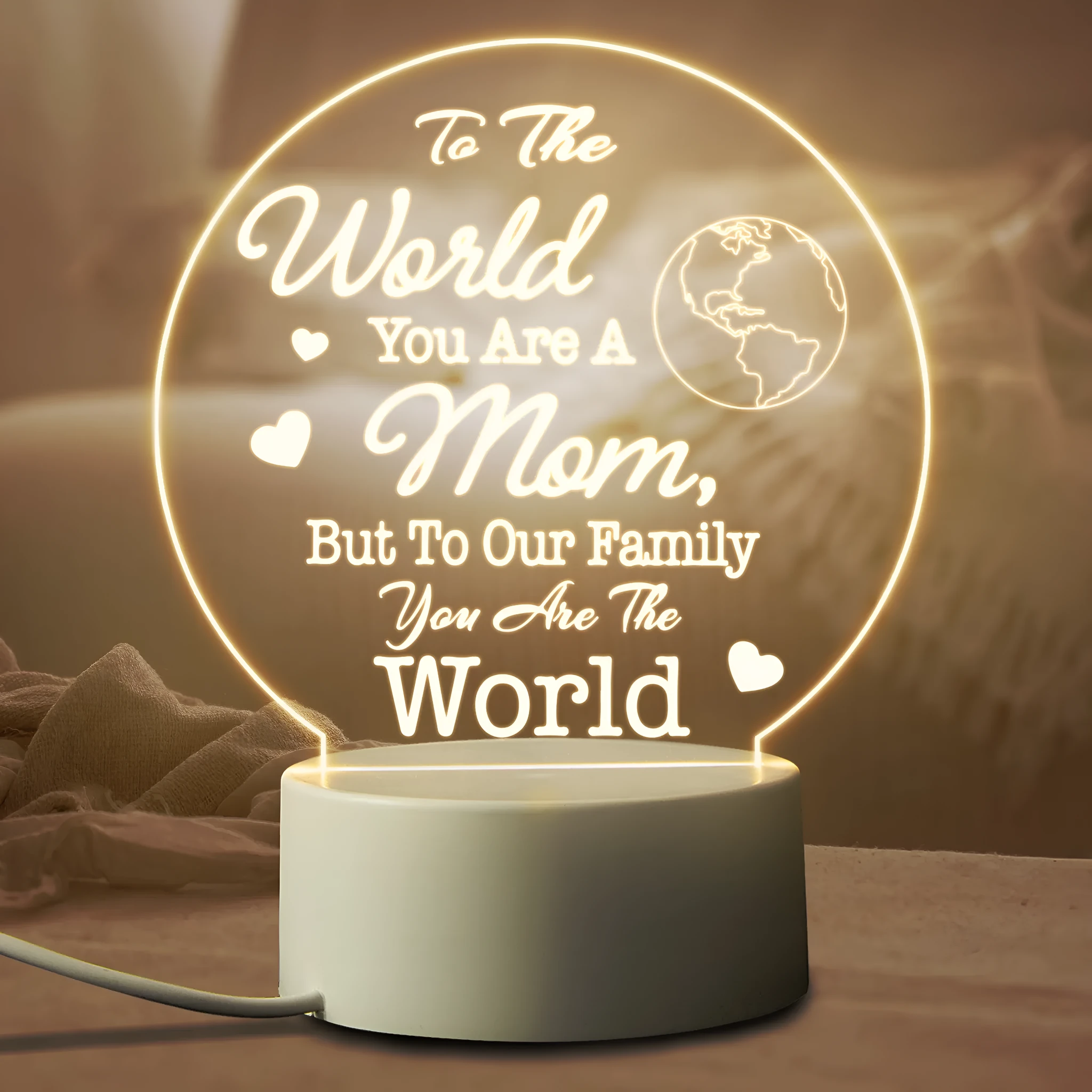 Modern acrylic LED night light with ABS base in one of 16 available colours, showing warm white glow