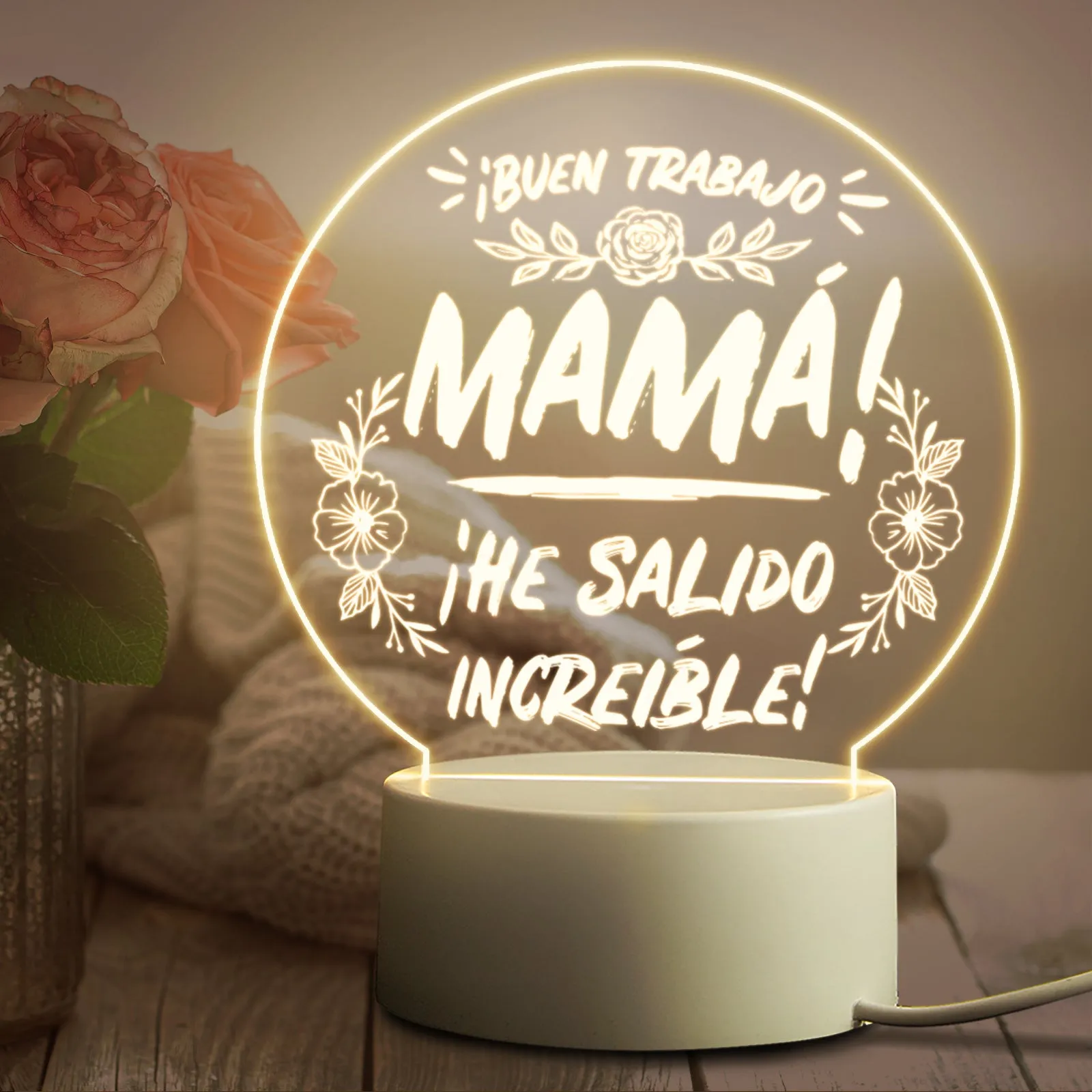 Modern acrylic LED night light with ABS base in one of 16 available colours, showing warm white glow