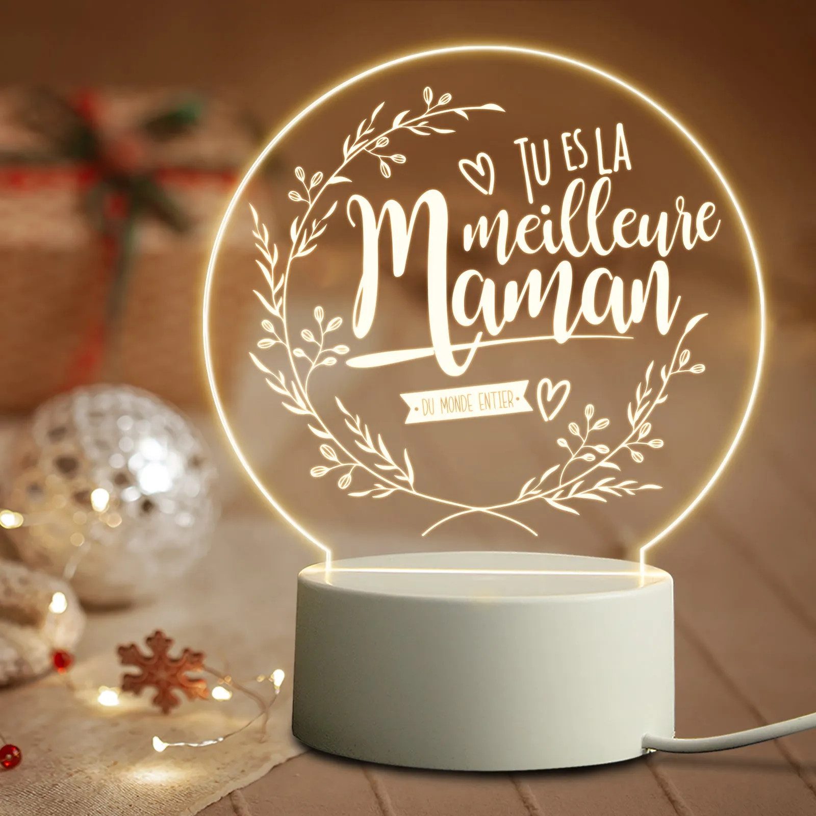 Modern acrylic LED night light with ABS base in one of 16 available colours, showing warm white glow
