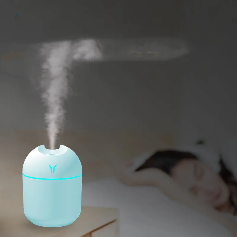 Round desktop humidifier with USB cable and water tank in ivory white, sky blue, or girlish pink colours.