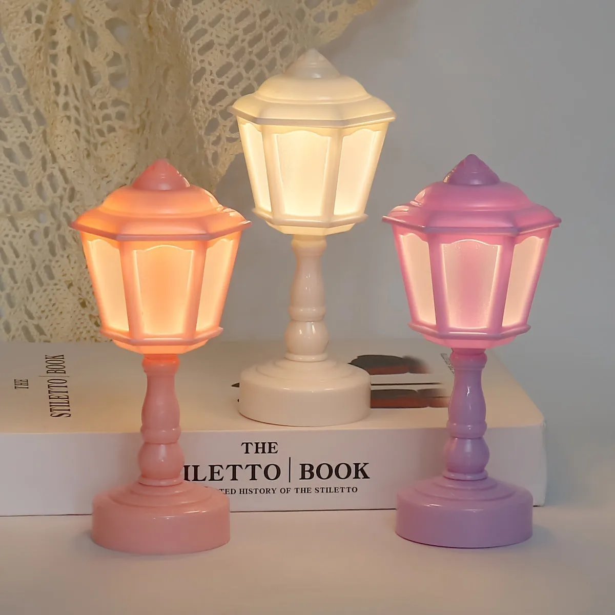 Retro pagoda small night lamp with geometric stereo design in light purple colour