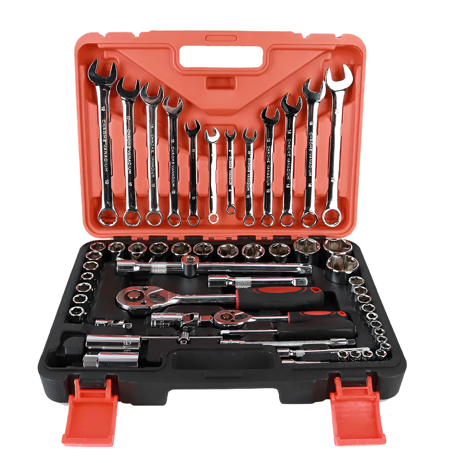61-piece chrome vanadium steel auto repair socket and wrench set with ratchets, metric sockets, and extensions on a grey background.