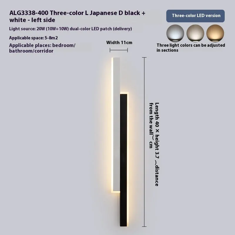 Contemporary grid-free bedside strip wall lamp with acrylic shade and three-colour LED lighting