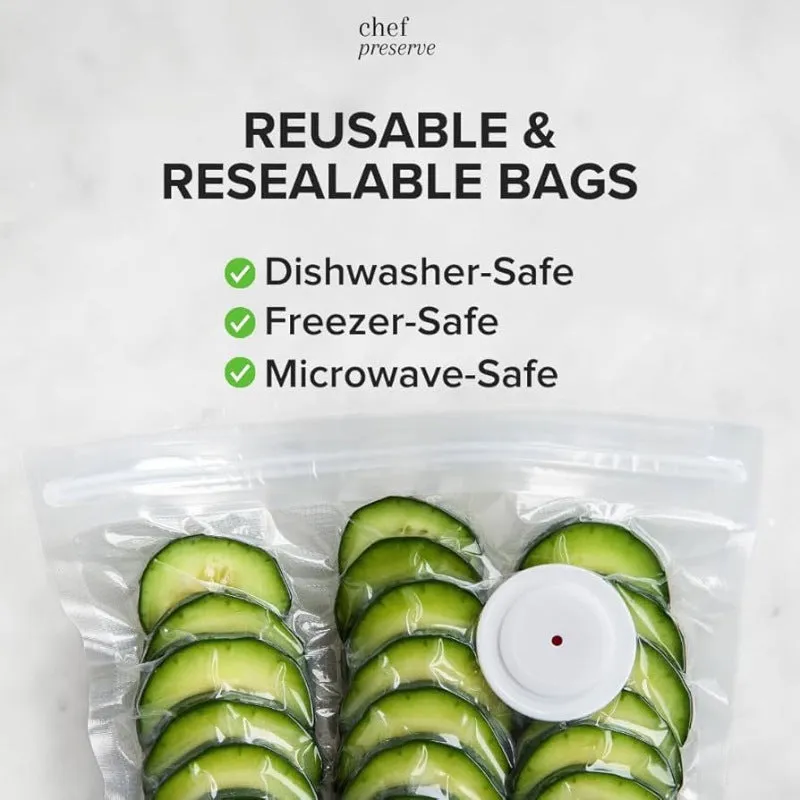 White USB electric vacuum sealer pump with five clear plastic food storage bags