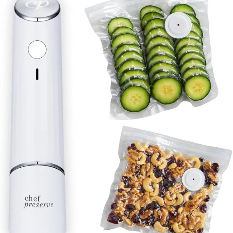 White USB electric vacuum sealer pump with five clear plastic food storage bags