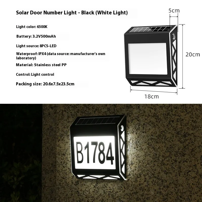 Solar powered waterproof doorplate light with LED digital display for house numbers