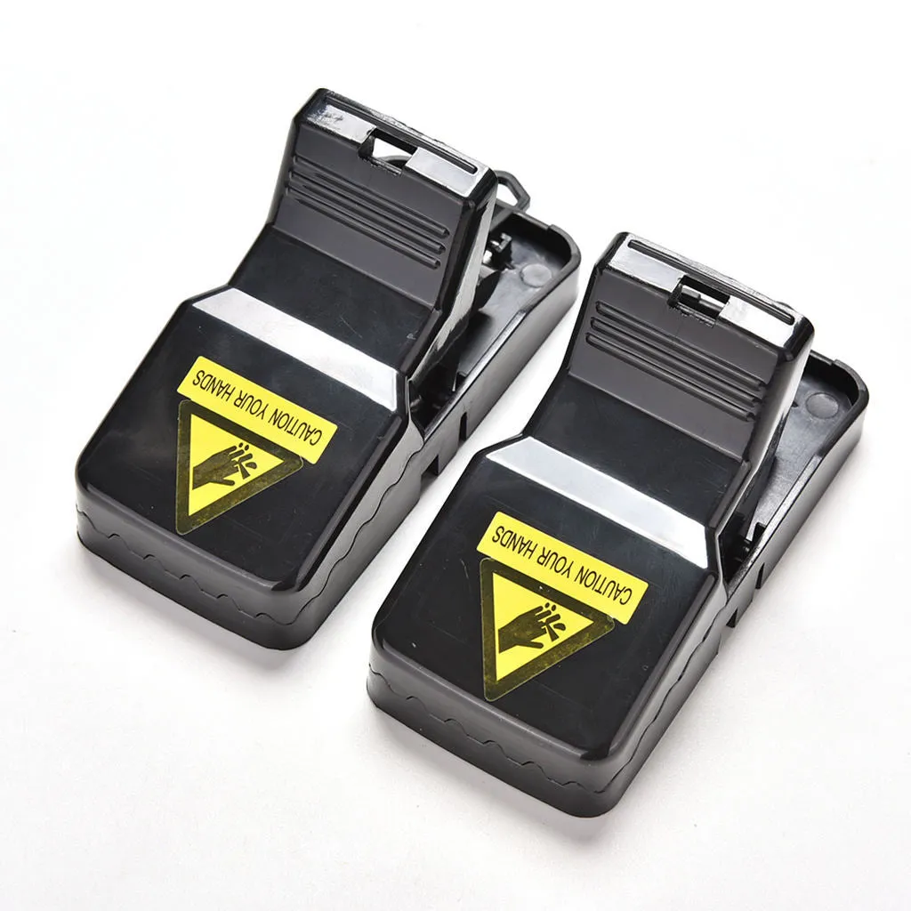 Six black plastic snap mousetraps showing dimensions and smooth surface.