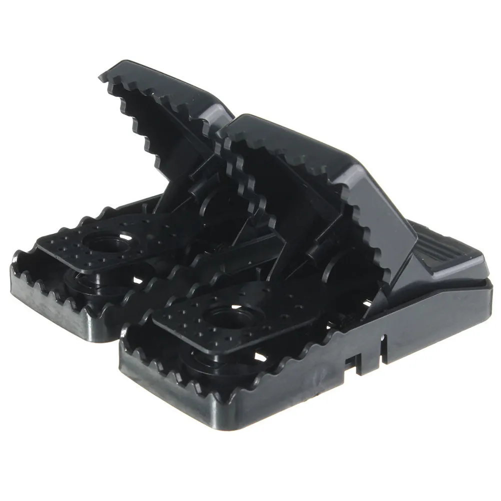 Six black plastic snap mousetraps showing dimensions and smooth surface.