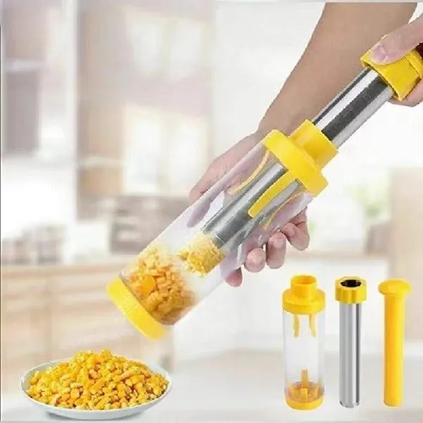 Yellow cylindrical corn stripper kitchen tool 27cm tall with stainless steel threshing mechanism