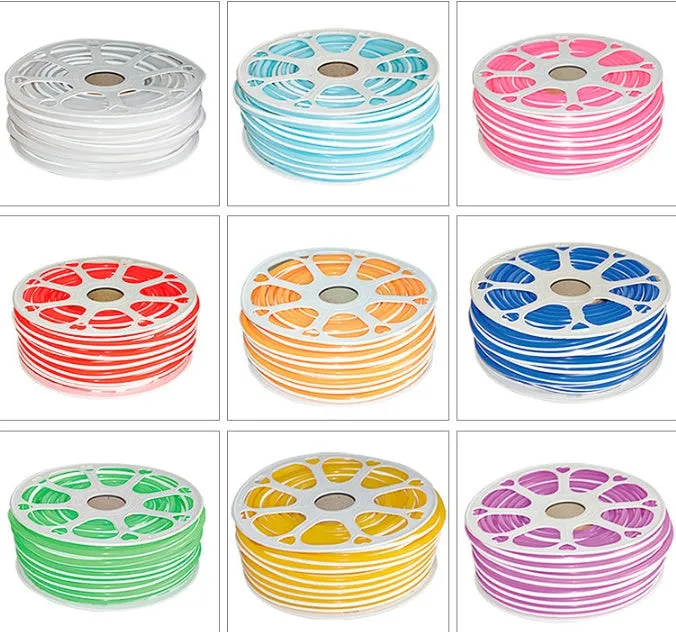 Flexible silicone neon light bar in various colours showing 8mm width and coiled 50 metre length