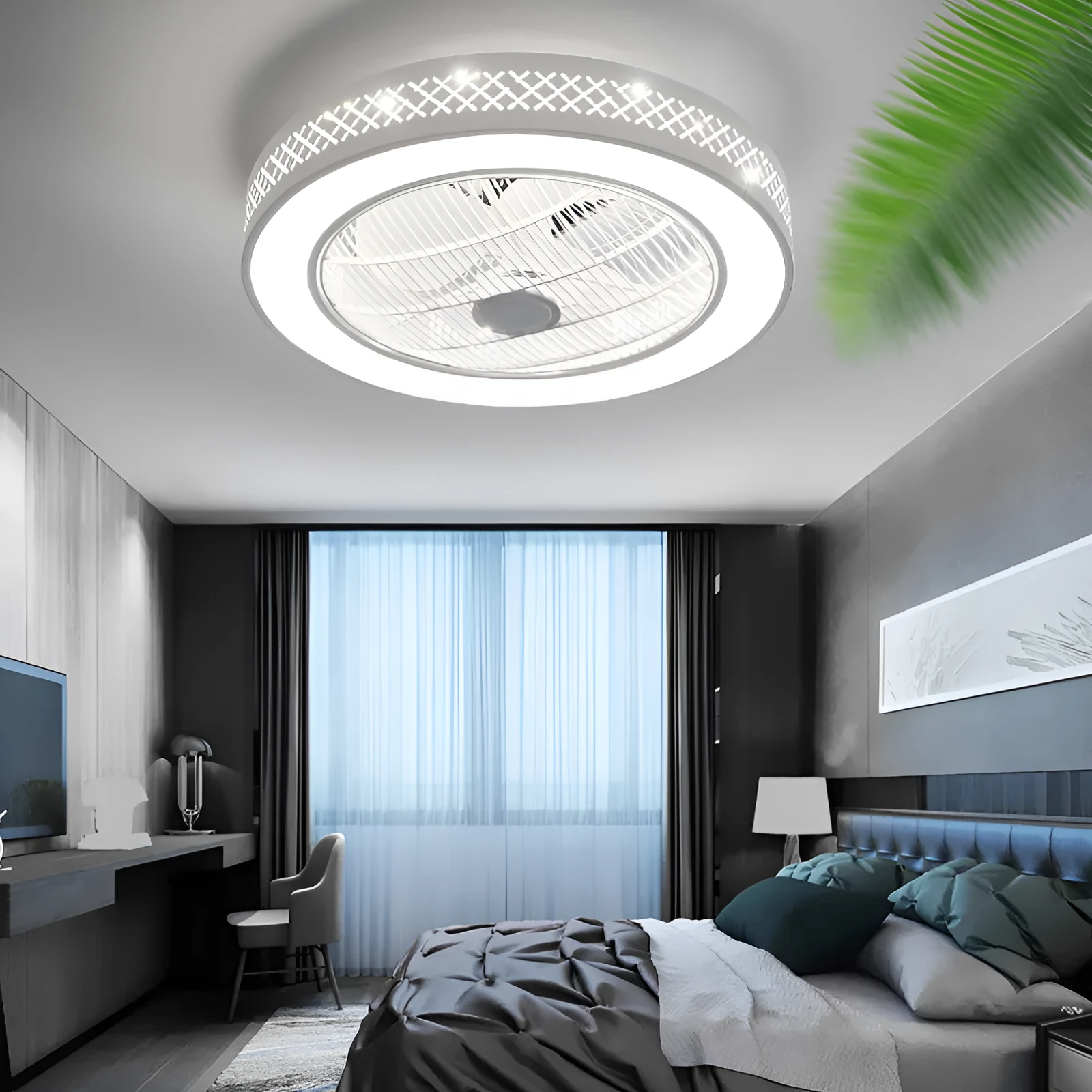 55 cm ceiling fan with integrated LED chandelier and metal blades in pastoral style