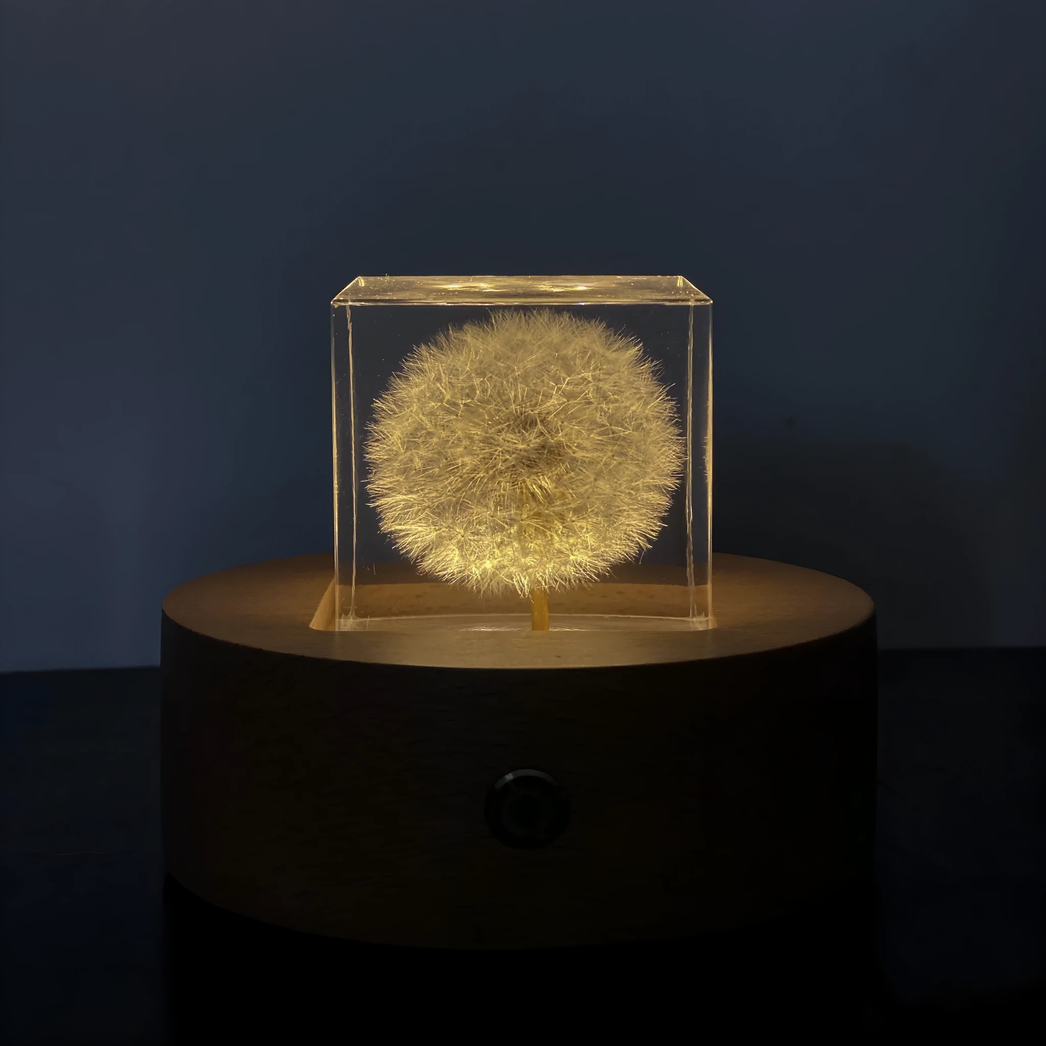 Clear resin cube with preserved dandelion flower, wooden box, and USB charging base