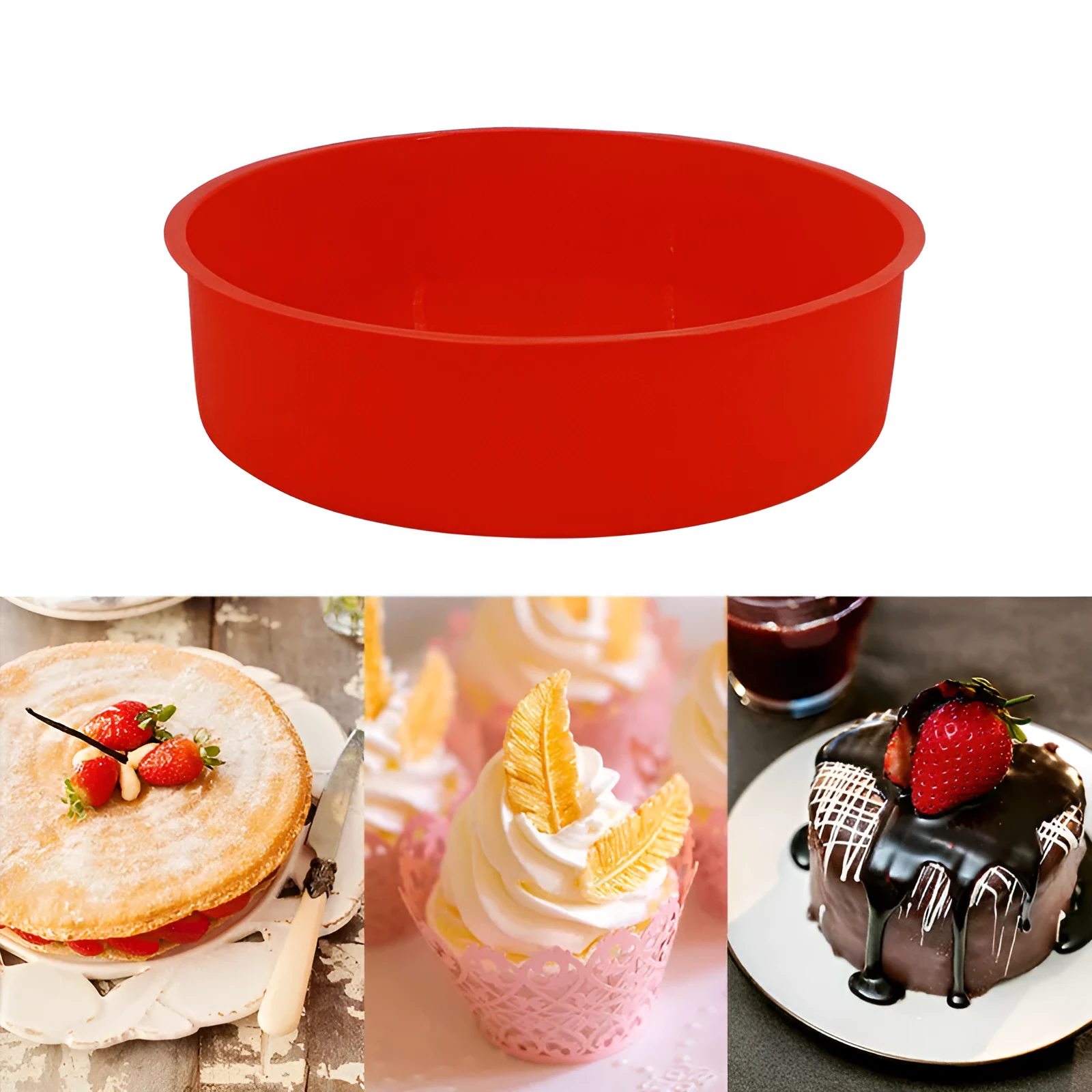 Red silicone round cake mould set showing three sizes: 8-inch, 6-inch, and 4-inch baking trays