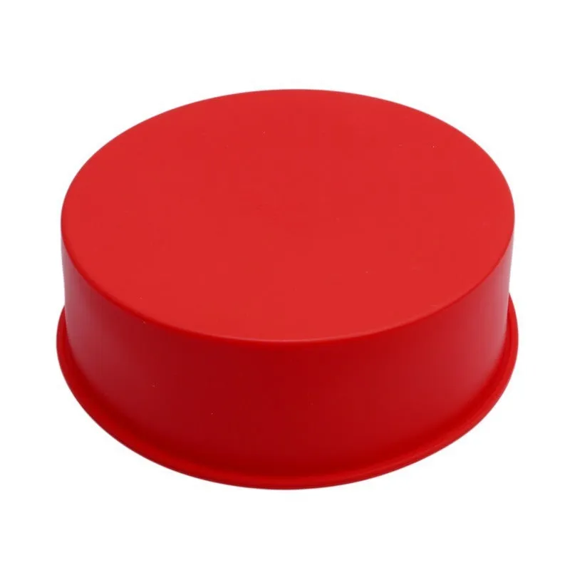 Red silicone round cake mould set showing three sizes: 8-inch, 6-inch, and 4-inch baking trays