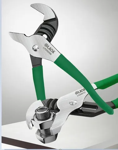 Adjustable CR-V steel pipe wrench with viscous plastic handle, shown in various sizes on a workbench.