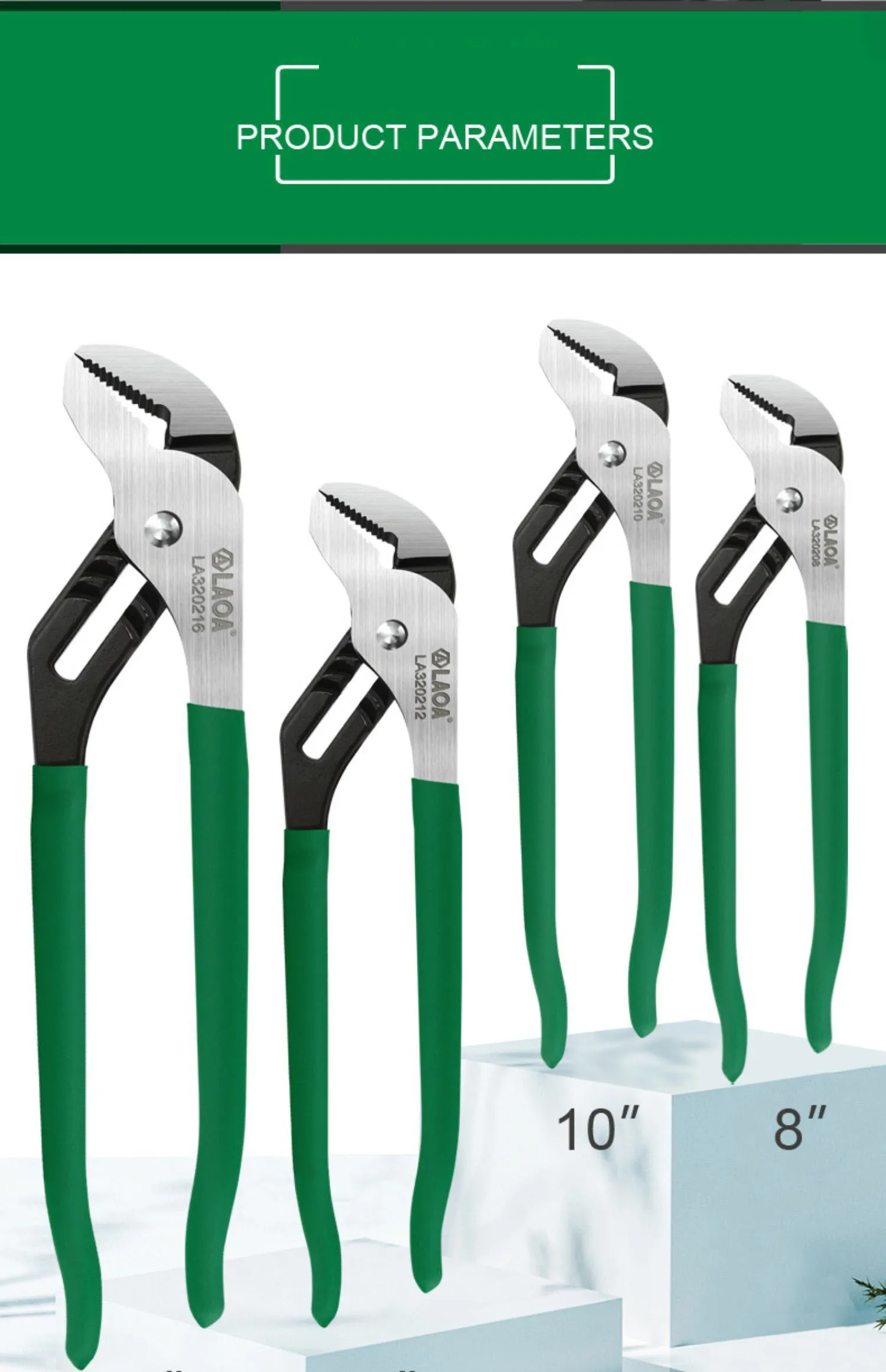 Adjustable CR-V steel pipe wrench with viscous plastic handle, shown in various sizes on a workbench.