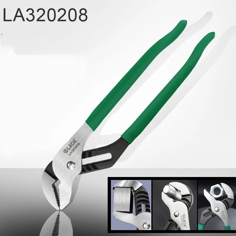 Adjustable CR-V steel pipe wrench with viscous plastic handle, shown in various sizes on a workbench.