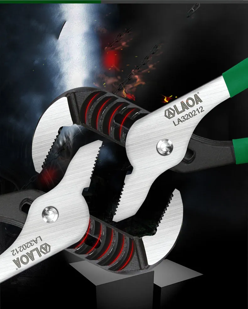 Adjustable CR-V steel pipe wrench with viscous plastic handle, shown in various sizes on a workbench.