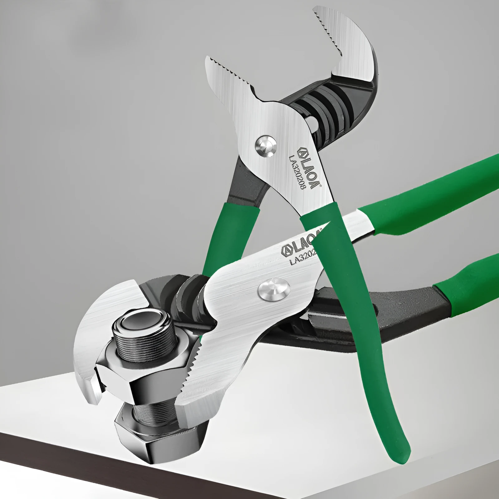 Adjustable CR-V steel pipe wrench with viscous plastic handle, shown in various sizes on a workbench.