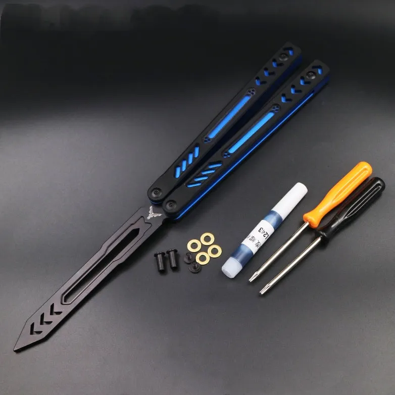 Unbladed ether butterfly knife trainer with aluminium alloy handles and G10 fibre patches in six colour options