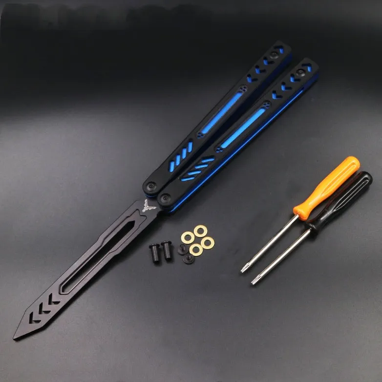 Unbladed ether butterfly knife trainer with aluminium alloy handles and G10 fibre patches in six colour options