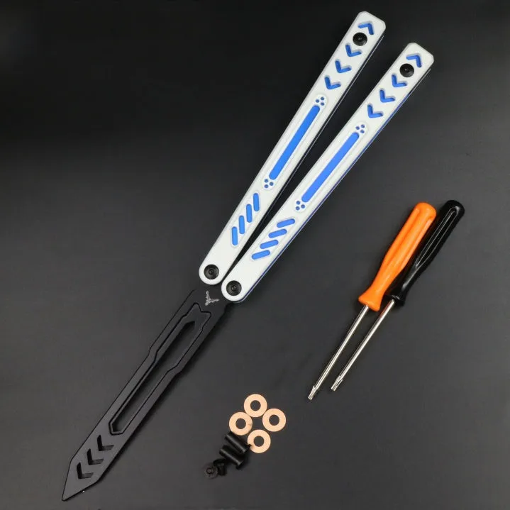 Unbladed ether butterfly knife trainer with aluminium alloy handles and G10 fibre patches in six colour options
