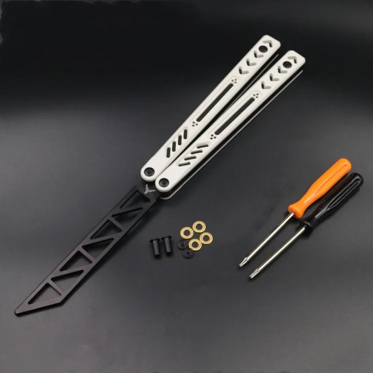 Unbladed ether butterfly knife trainer with aluminium alloy handles and G10 fibre patches in six colour options