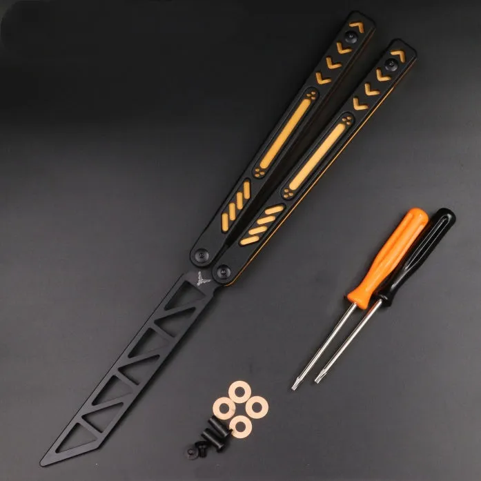 Unbladed ether butterfly knife trainer with aluminium alloy handles and G10 fibre patches in six colour options