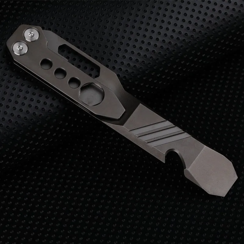 Titanium alloy multi-function crowbar tool with screwdriver tip and bottle opener in stone wash finish.