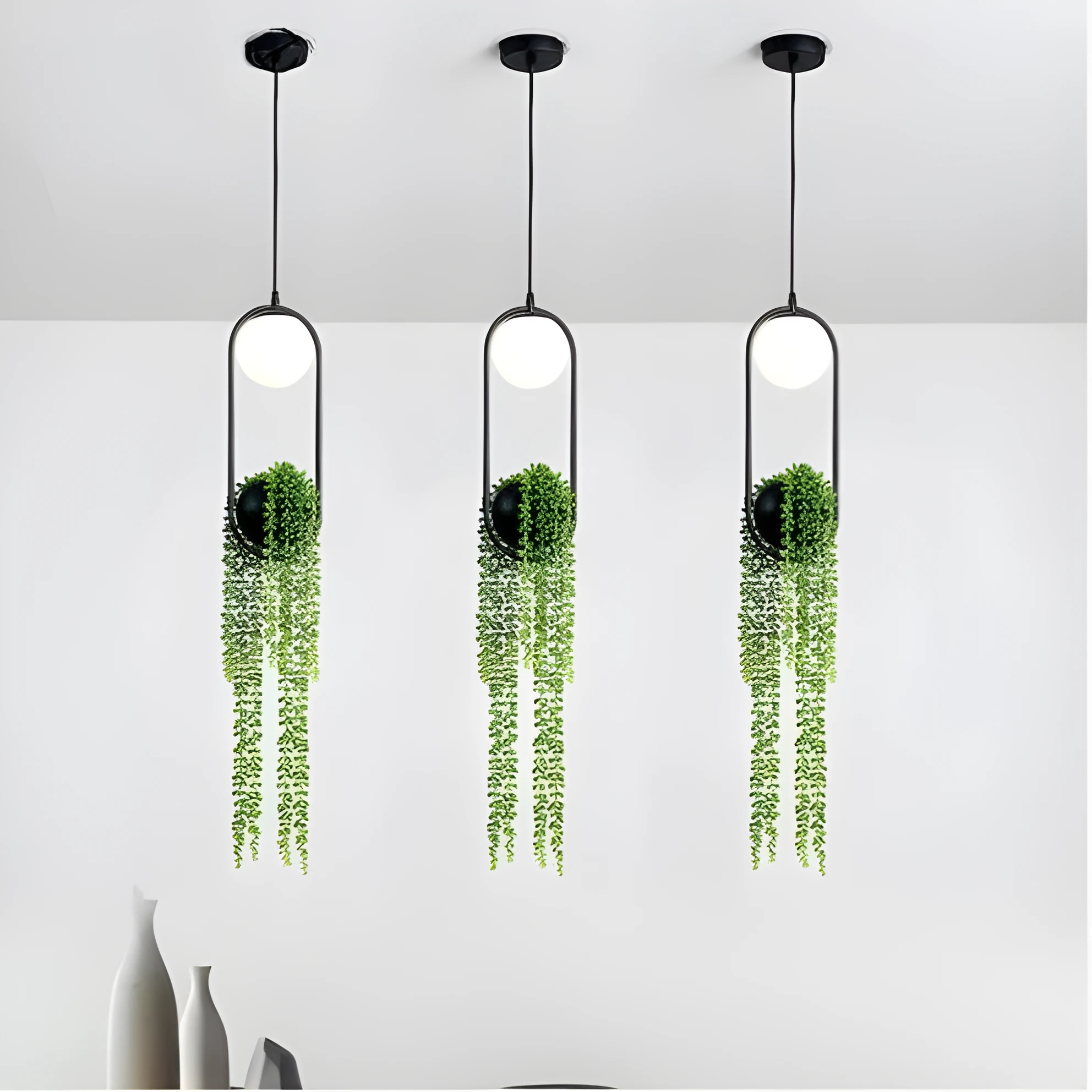Creative iron aisle chandelier with a fishing line shape and integrated flower pot design.