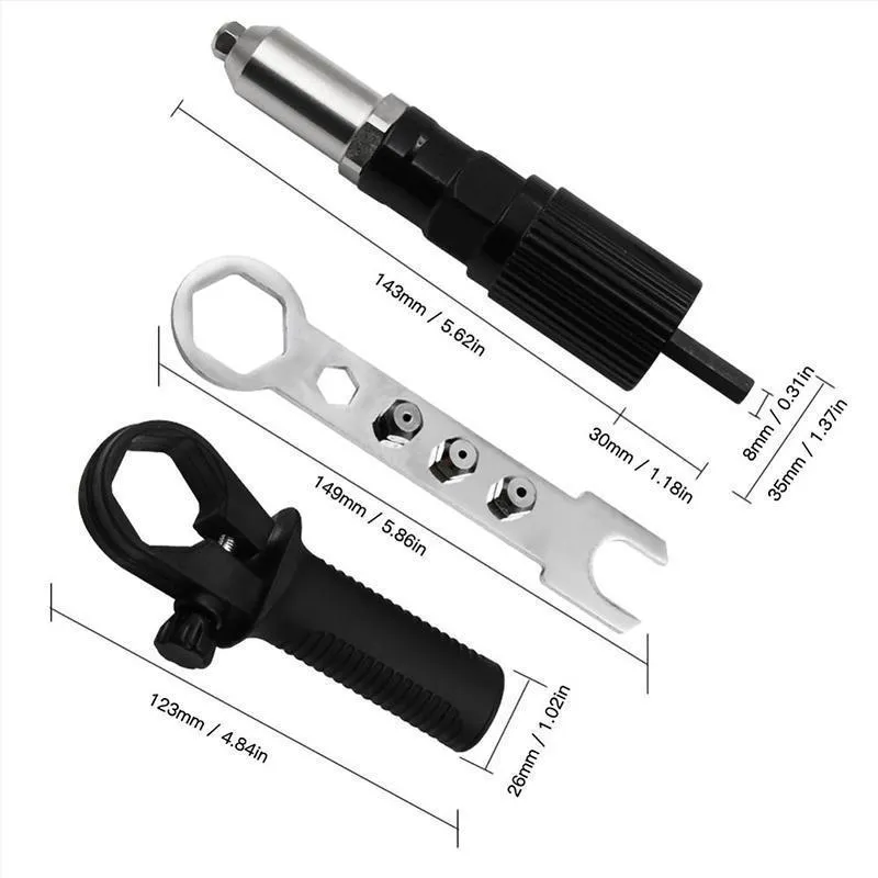 Alloy steel rivet gun adapter kit for electric drills with four rivet heads